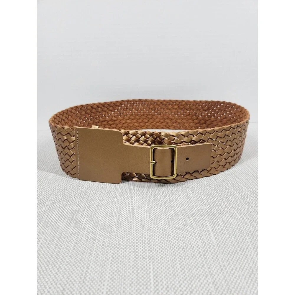 Talbots Medium Wide Belt Bronze Woven Braided Leather Boho Hippie Bohemian